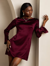 [Tummanpunainen] SilkSilky-FI Long Sleeve Boat Neck Mekko 001