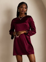 [Tummanpunainen] SilkSilky-FI Long Sleeve Boat Neck Mekko 003