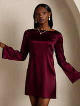 [Tummanpunainen] SilkSilky-FI Long Sleeve Boat Neck Mekko 004
