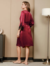 [Tummanpunainen] SilkSilky-FI 3/4 Sleeve V Neck Yöpaita ja Aamutakkisetti 004