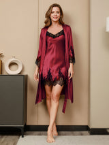 [Tummanpunainen] SilkSilky-FI 3/4 Sleeve V Neck Yöpaita ja Aamutakkisetti 005
