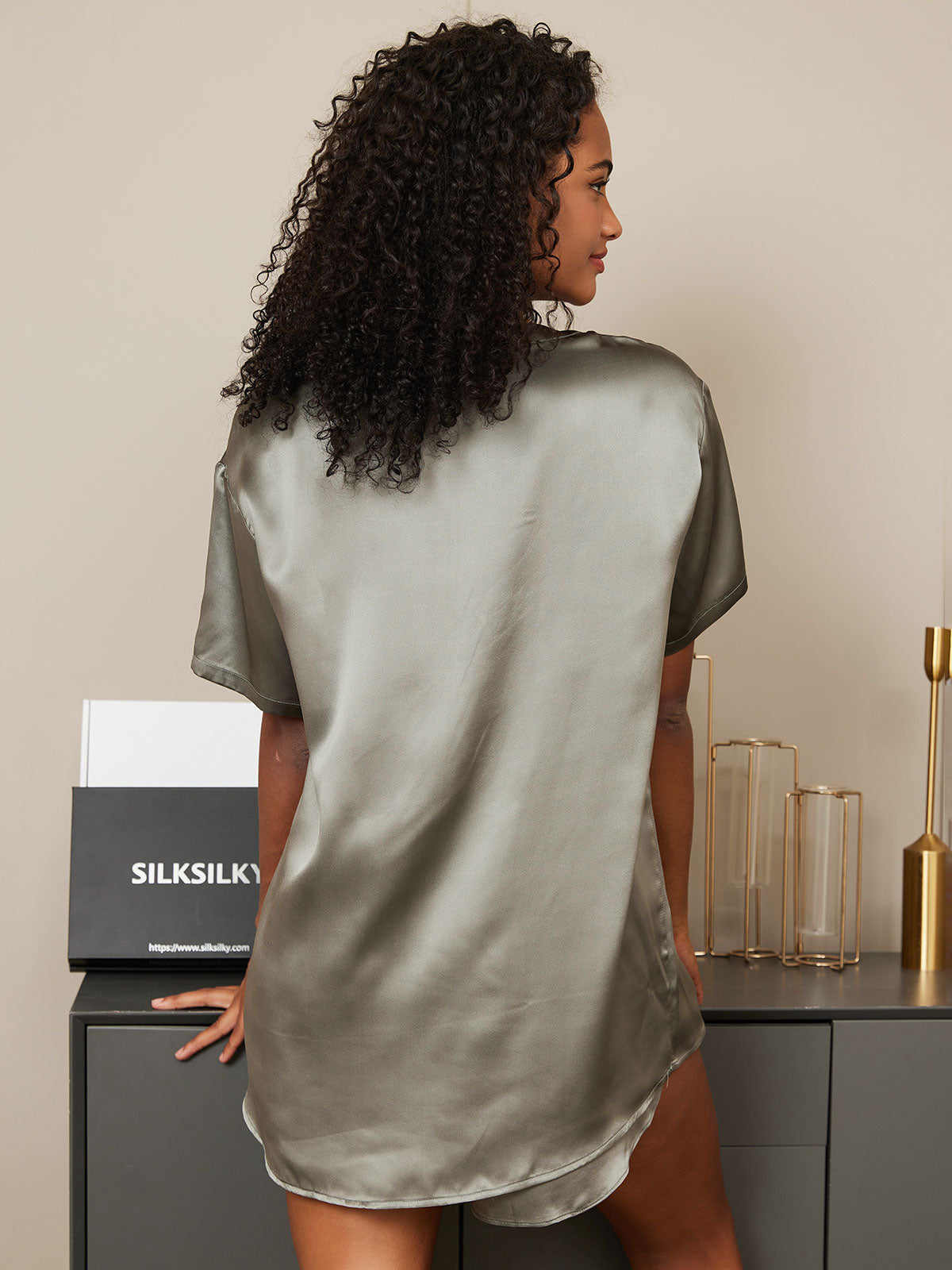 [Harmaanvihreä] SilkSilky-FI Short Sleeve Round Neck Naisten Pyjamat 002