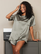 [Harmaanvihreä] SilkSilky-FI Short Sleeve Round Neck Naisten Pyjamat 004