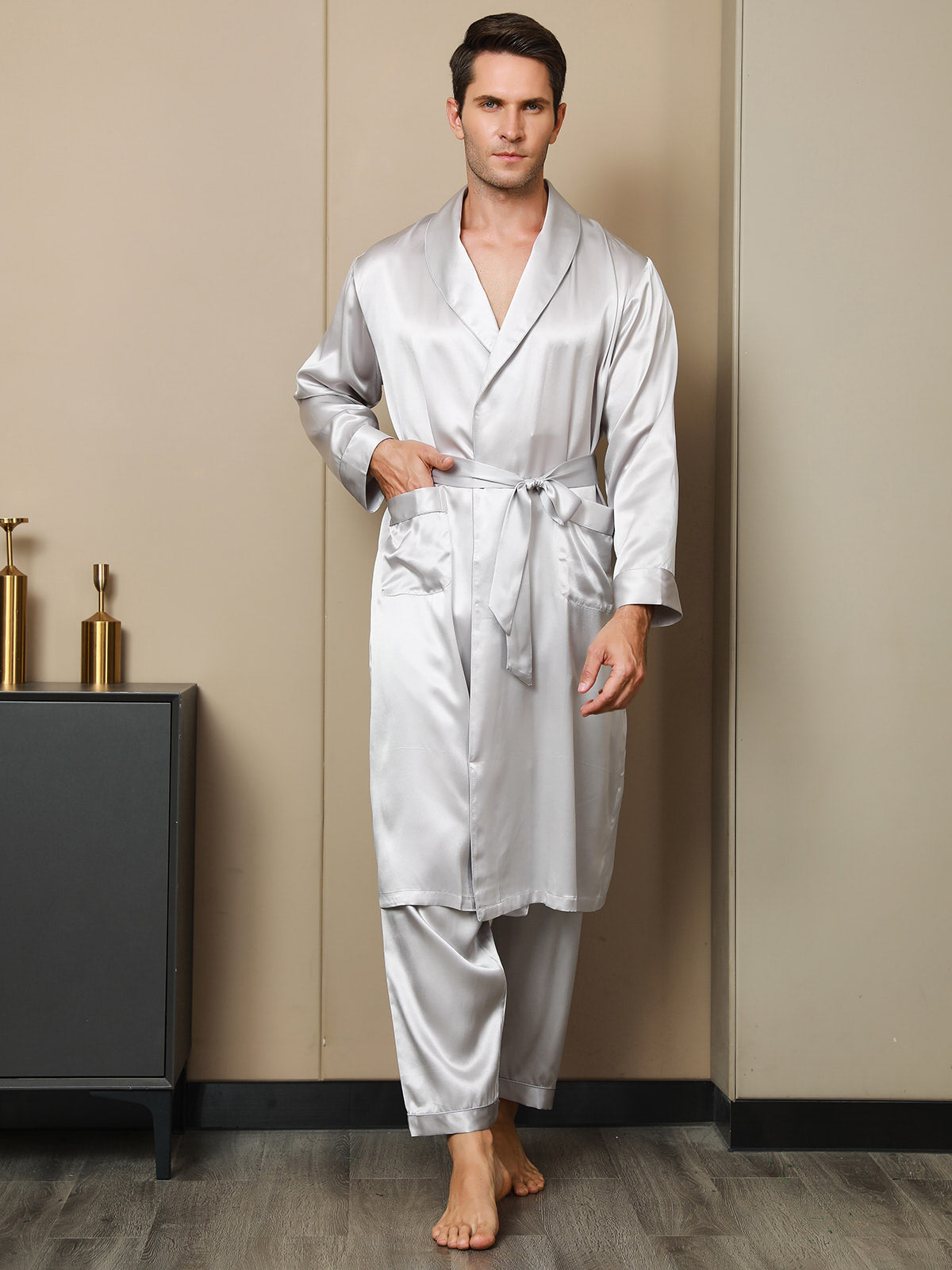 [Vaalean Harmaa] SilkSilky-FI 19Momme Mens Robe 006