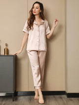 [Vaalea Pinkki] SilkSilky-FI Lyhythihainen Notkokaulus Naisten Pyjamat 001