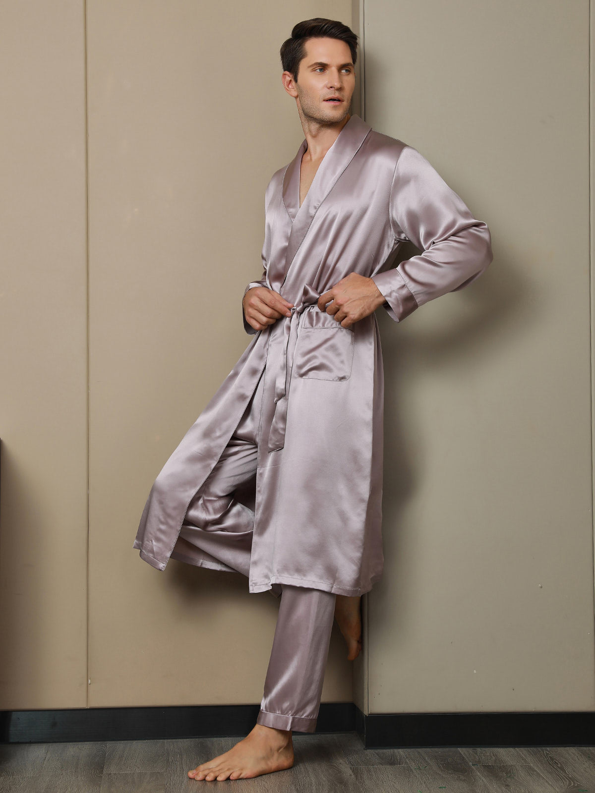 [Vaalean Mauve] SilkSilky-FI 19Momme Mens Robe 006