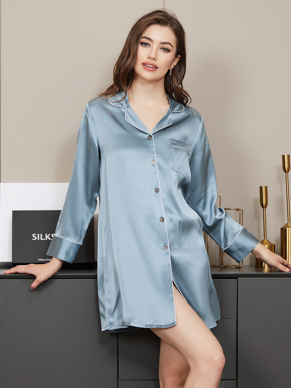 [Steel Blue] SilkSilky  Long Sleeve Notch Collar Nightshirt 001