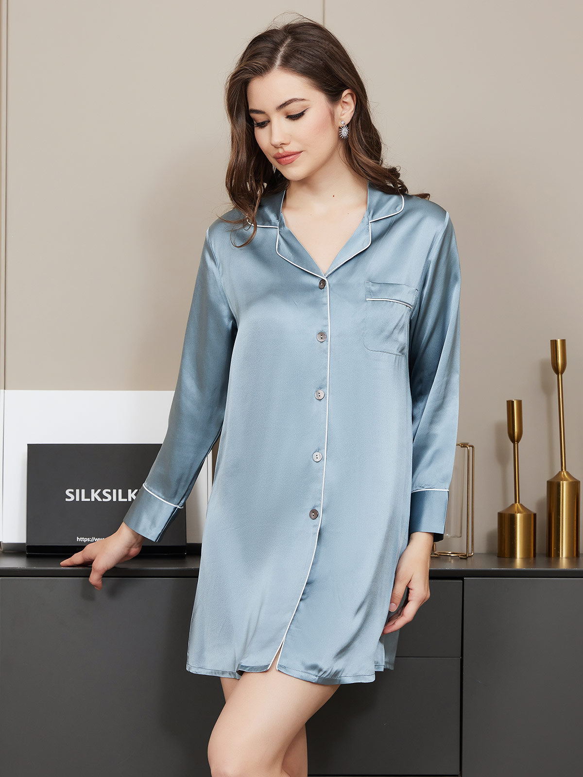 [Steel Blue] SilkSilky  Long Sleeve Notch Collar Nightshirt 002