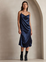 [Tummansininen] SilkSilky-FI Spaghetti Strap Cowl Neck Camisole Top 007