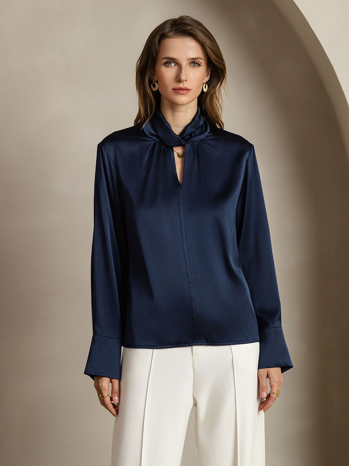 [Tummansininen] SilkSilky-FI 19Momme Womens Shirt 001