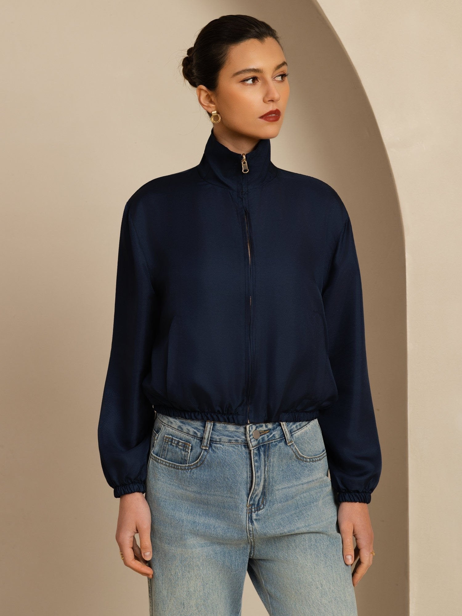 [Musta+Tummansininen] SilkSilky-FI 18Momme Pitkähihainen Pystykaulus Naisten Päällysvaatteet 004