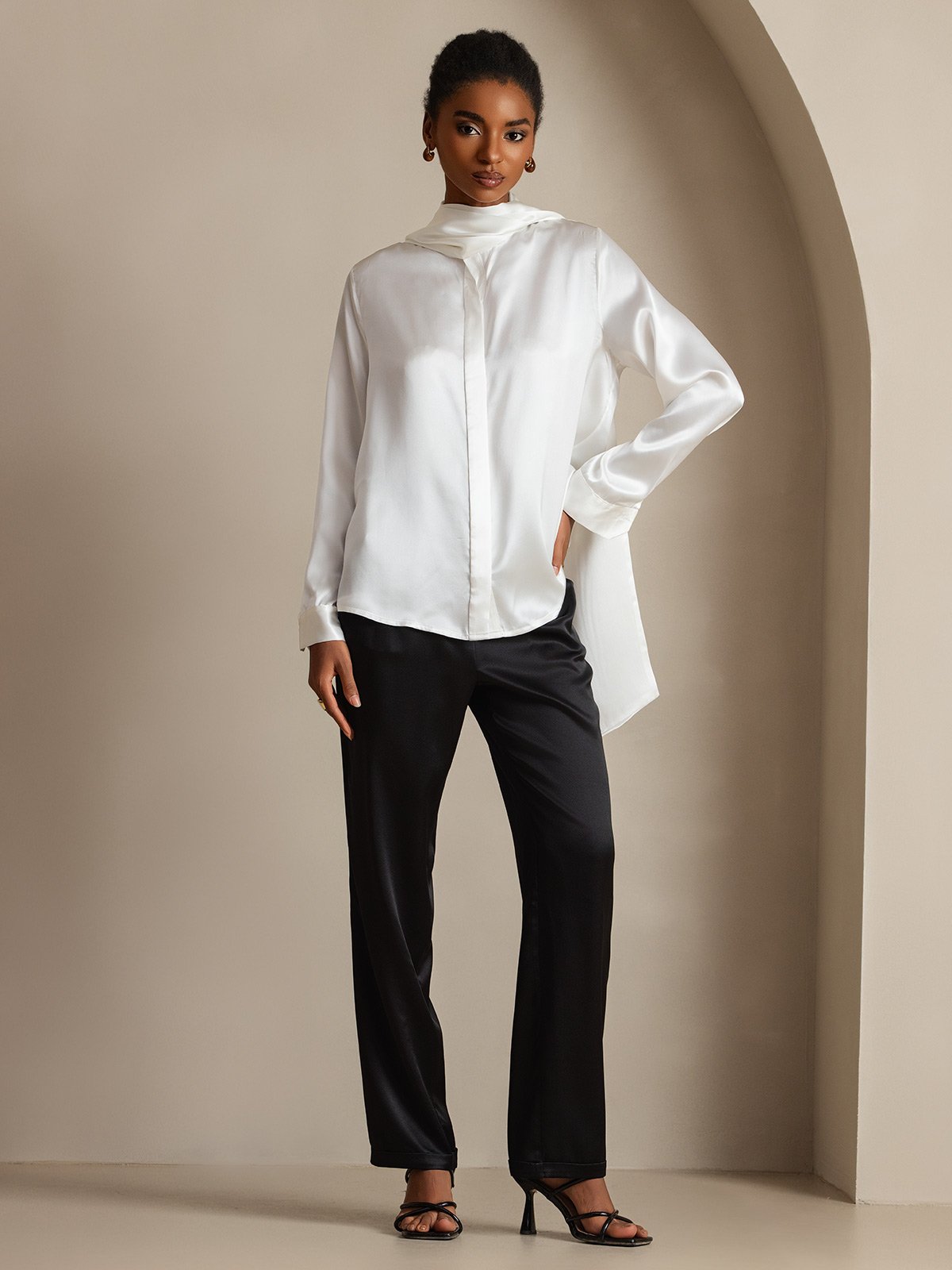 [Valkoinen] SilkSilky-FI 19Momme Womens Shirt 006