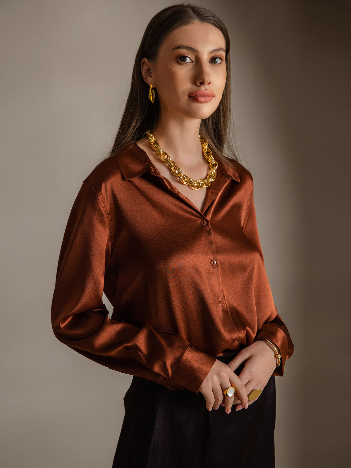 [Kahvi] SilkSilky-FI Lapel Collar Naisten paita 003