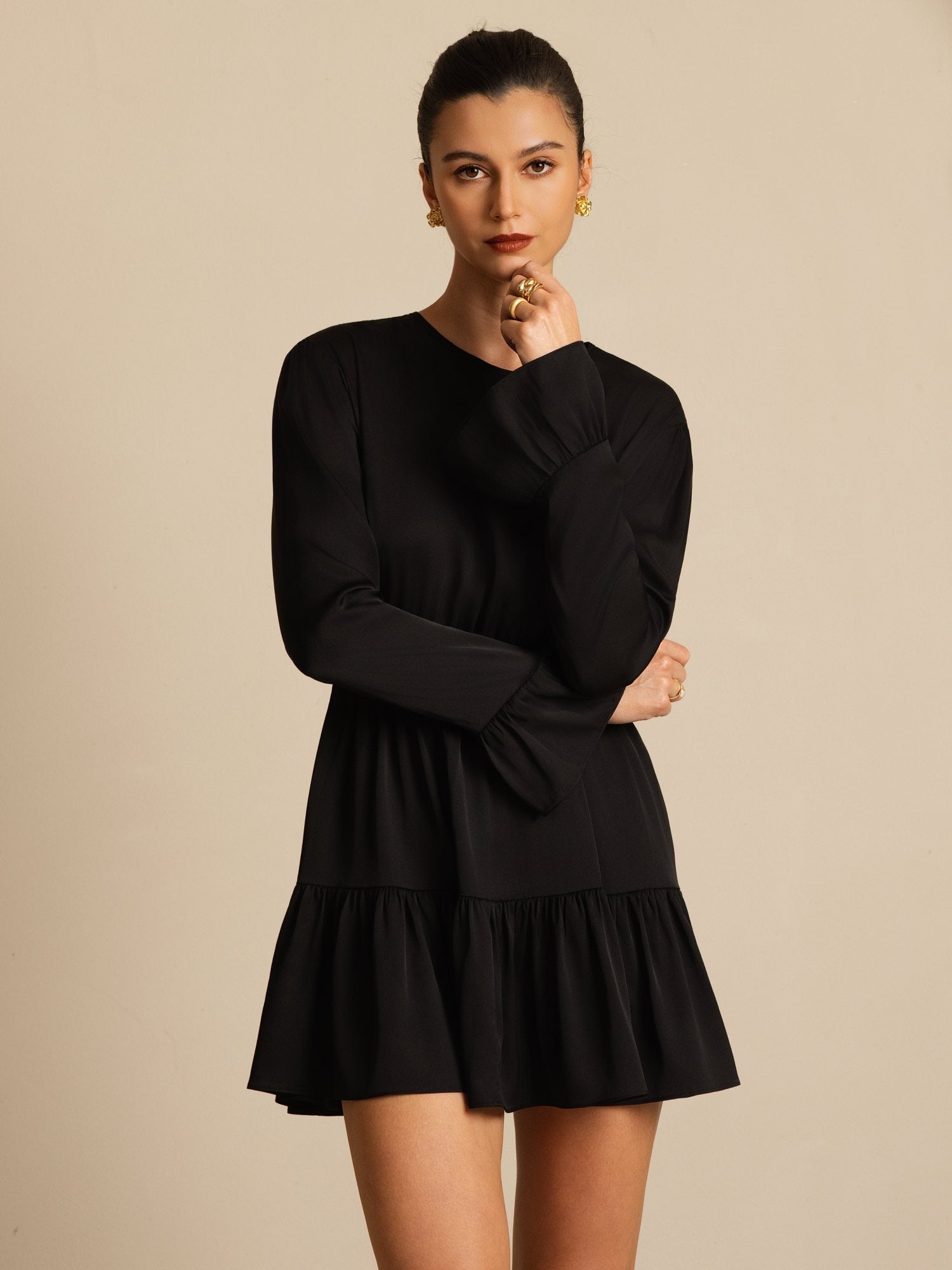 [Musta] SilkSilky-FI 19Momme Silkki Pitkähihainen Pyöreä Pääntie Mekko 006