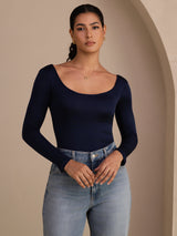[Tummansininen] SilkSilky-FI Long Sleeve U kaula Naisten T-paita 003