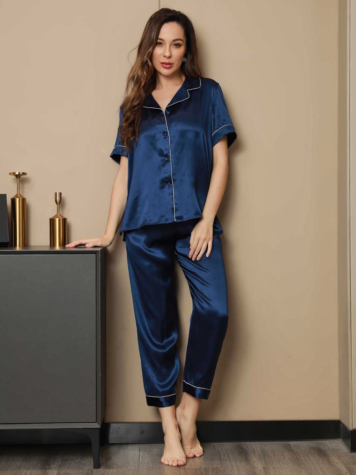 [Tummansininen] SilkSilky-FI Pure Silk Short Sleeve Lapel Naisten Pyjamat 006