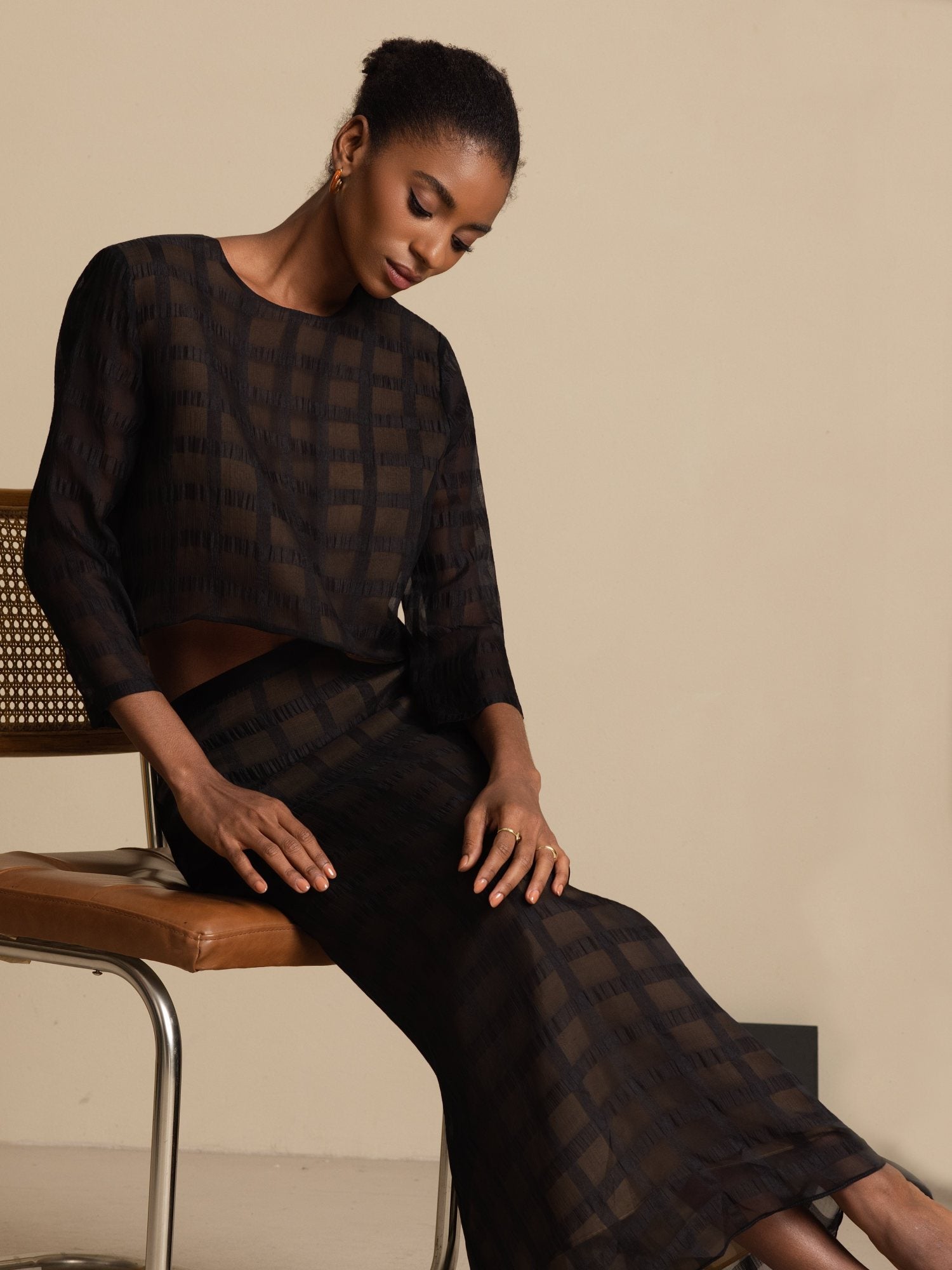 [Musta] SilkSilky-FI Puhdasta Silkkiä Pitkähihainen Pyöreä Pääntie Women''s Outfit Sets 008