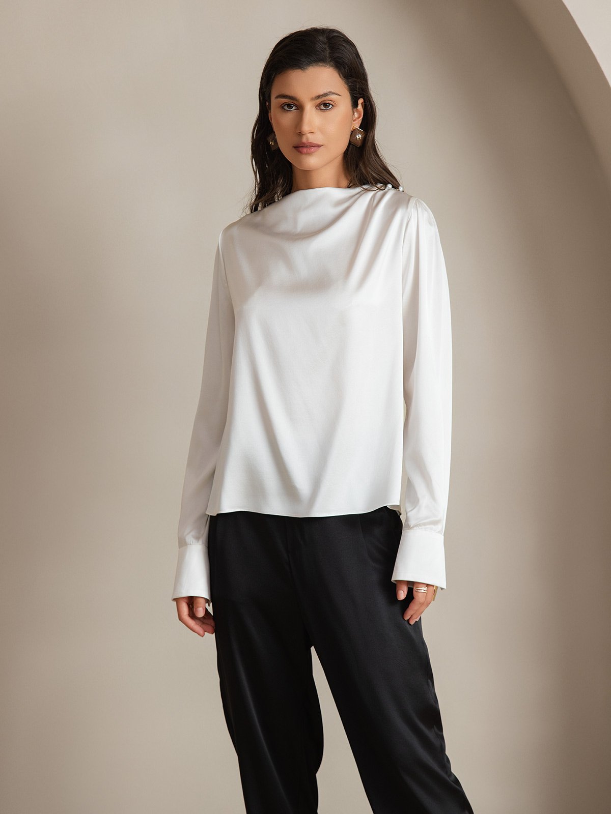 [Valkoinen] SilkSilky-FI 19Momme Womens Shirt 001