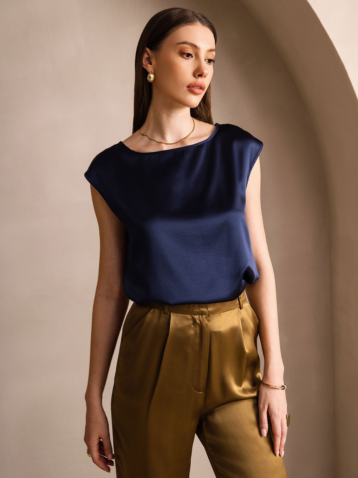 [Tummansininen] SilkSilky-FI 19Momme Womens T-Shirt 001