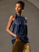 [Tummansininen] SilkSilky-FI Sleeveless Halterneck Naisten T-paita 001