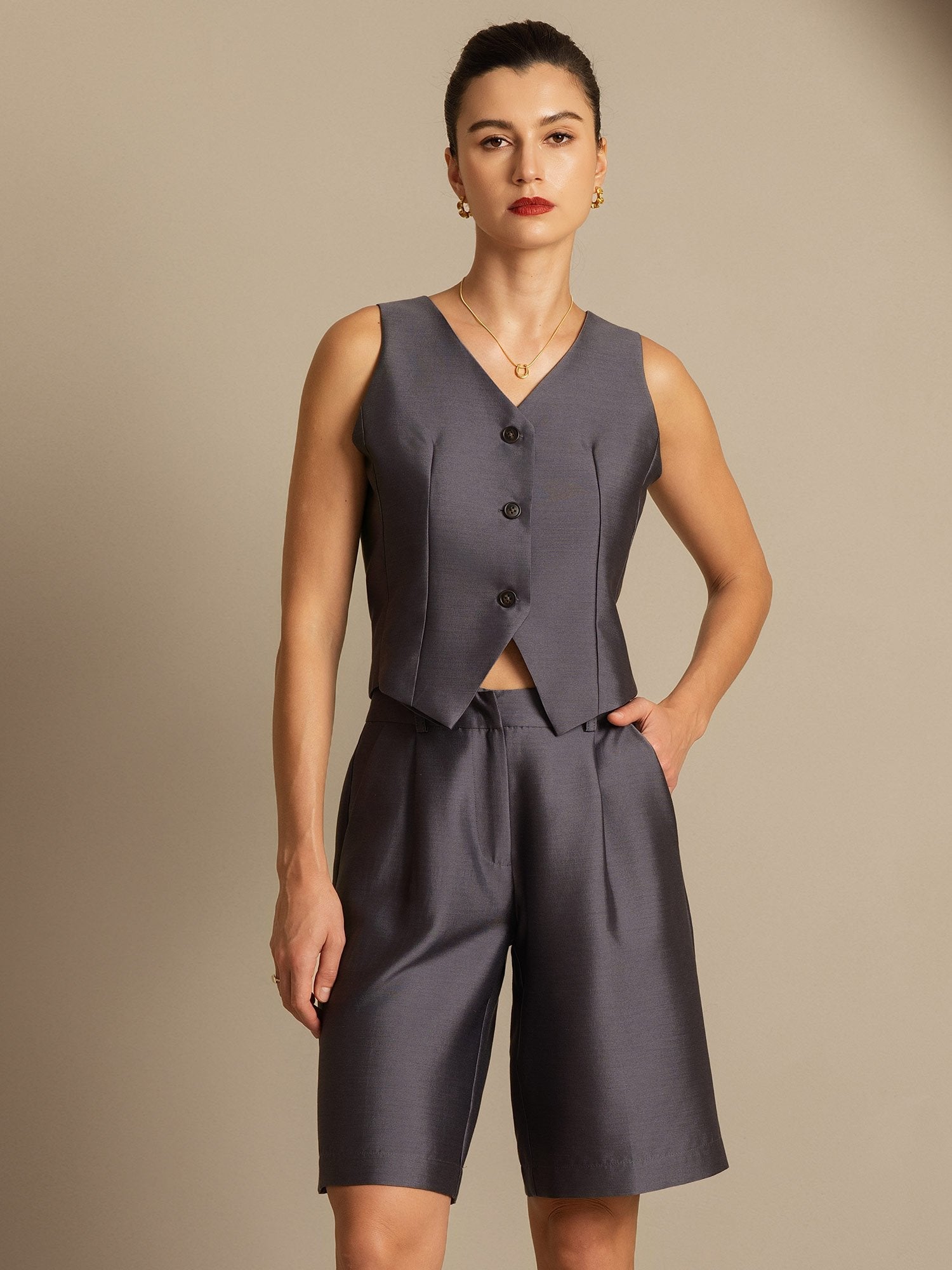 [Harmaa] SilkSilky-FI 32Momme Silk-Wool Blend Womens Vest 006,