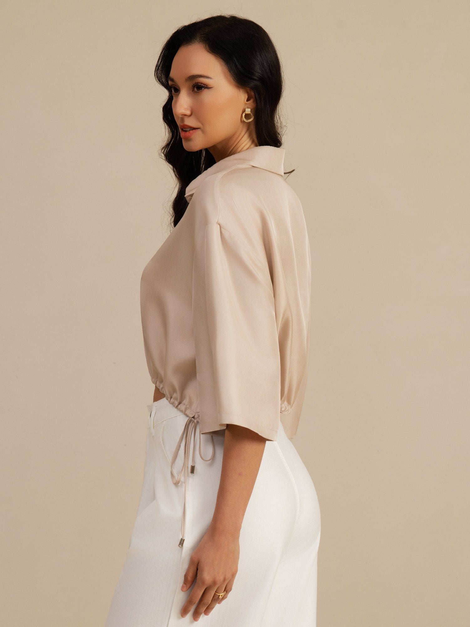 [Tan] SilkSilky-FI 18Momme Puolihiha Kauluskäänne Pusero 003