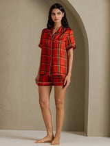 [Punainen Ruudullinen] SilkSilky-FI Short Sleeve Notch Collar Naisten Pyjamat 006