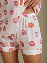 [Valkoinen Huulipuna] SilkSilky-FI Short Sleeve Notch Collar Naisten Pyjamat 004