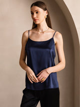 [Tummansininen] SilkSilky-FI 19Momme Spagettihihna Syvä Pyöreä Pääntie Camisole Top 001
