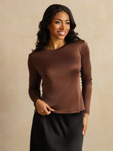[Kahvi] SilkSilky-FI Long Sleeve Crew Neck Naisten T-paita 001