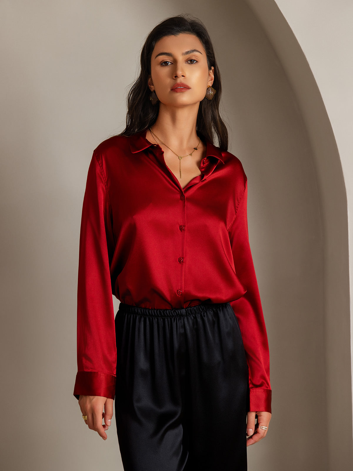 [Punainen] SilkSilky-FI Lapel Collar Naisten paita 001