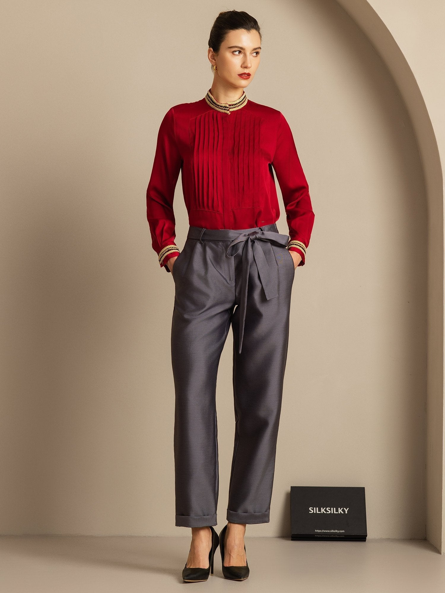 [Harmaa] SilkSilky-FI 32Momme Silk-Wool Blend Womens Pants 008,