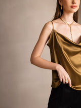 [Ruskea] SilkSilky-FI Spaghetti Strap Cowl Neck Camisole Top 004