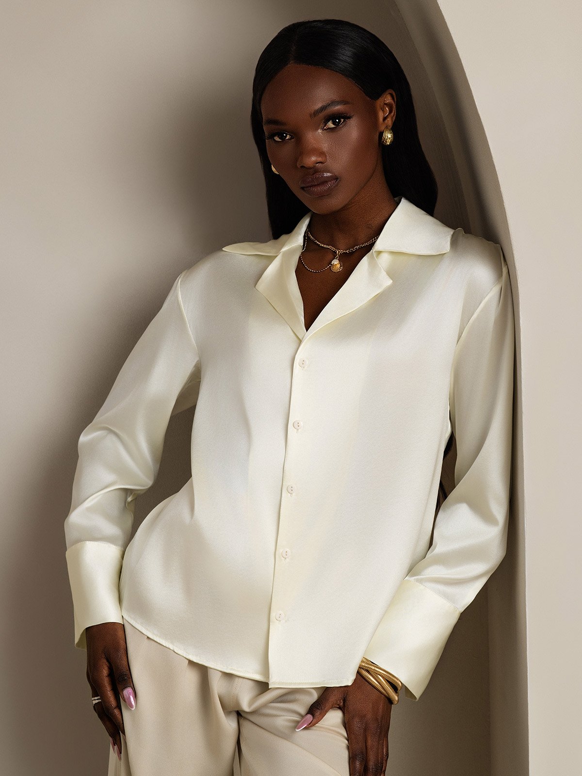 SilkSilky-FI 19Momme Womens Shirt Norsunluu 001