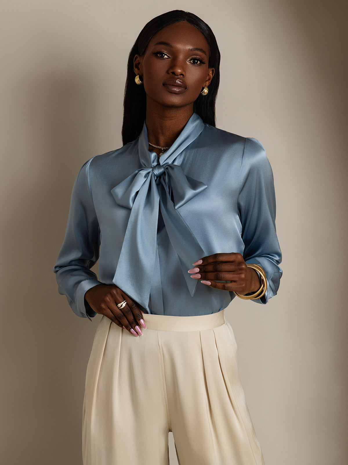 [Harmaansininen] SilkSilky-FI 19Momme Silk Long Sleeve Tie Neck Naisten paita 003