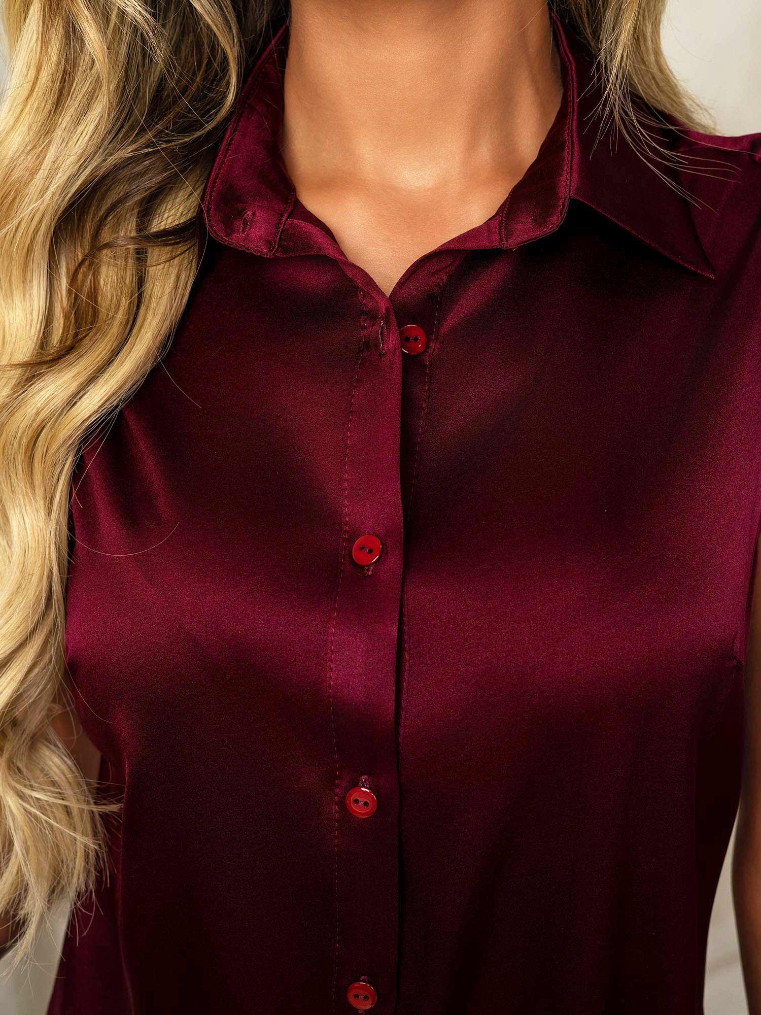 [Tummanpunainen] SilkSilky-FI 19Momme Lapel Collar Naisten paita 007
