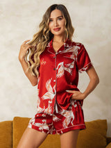 [Tummanpunainen] SilkSilky-FI Short Sleeve Notkokaulus Naisten Pyjamat 003