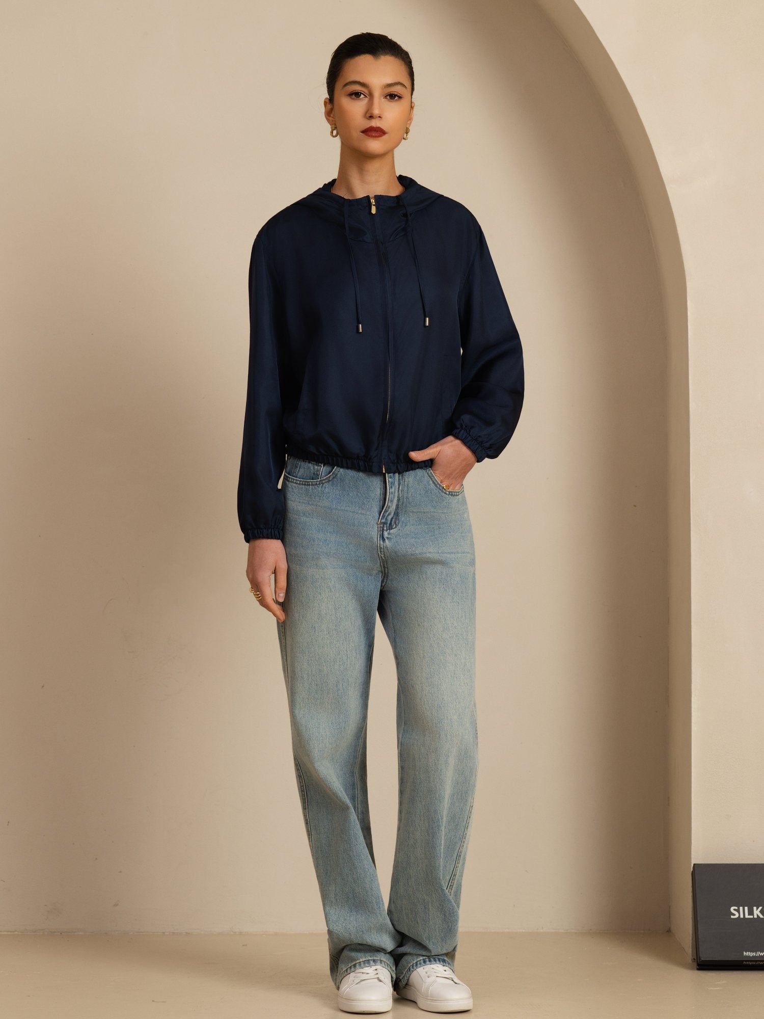 [Tummansininen] SilkSilky-FI 18Momme Pitkähihainen Pystykaulus Naisten Päällysvaatteet 007