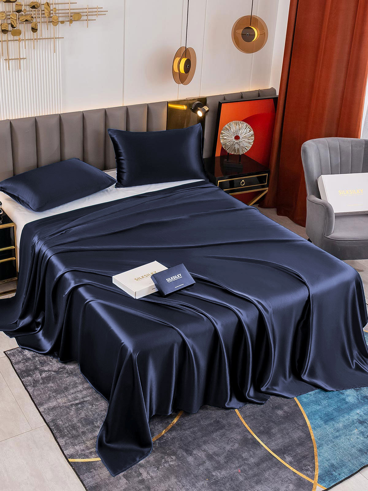 [Tummansininen] SilkSilky-FI 19Momme Bedding Set 001