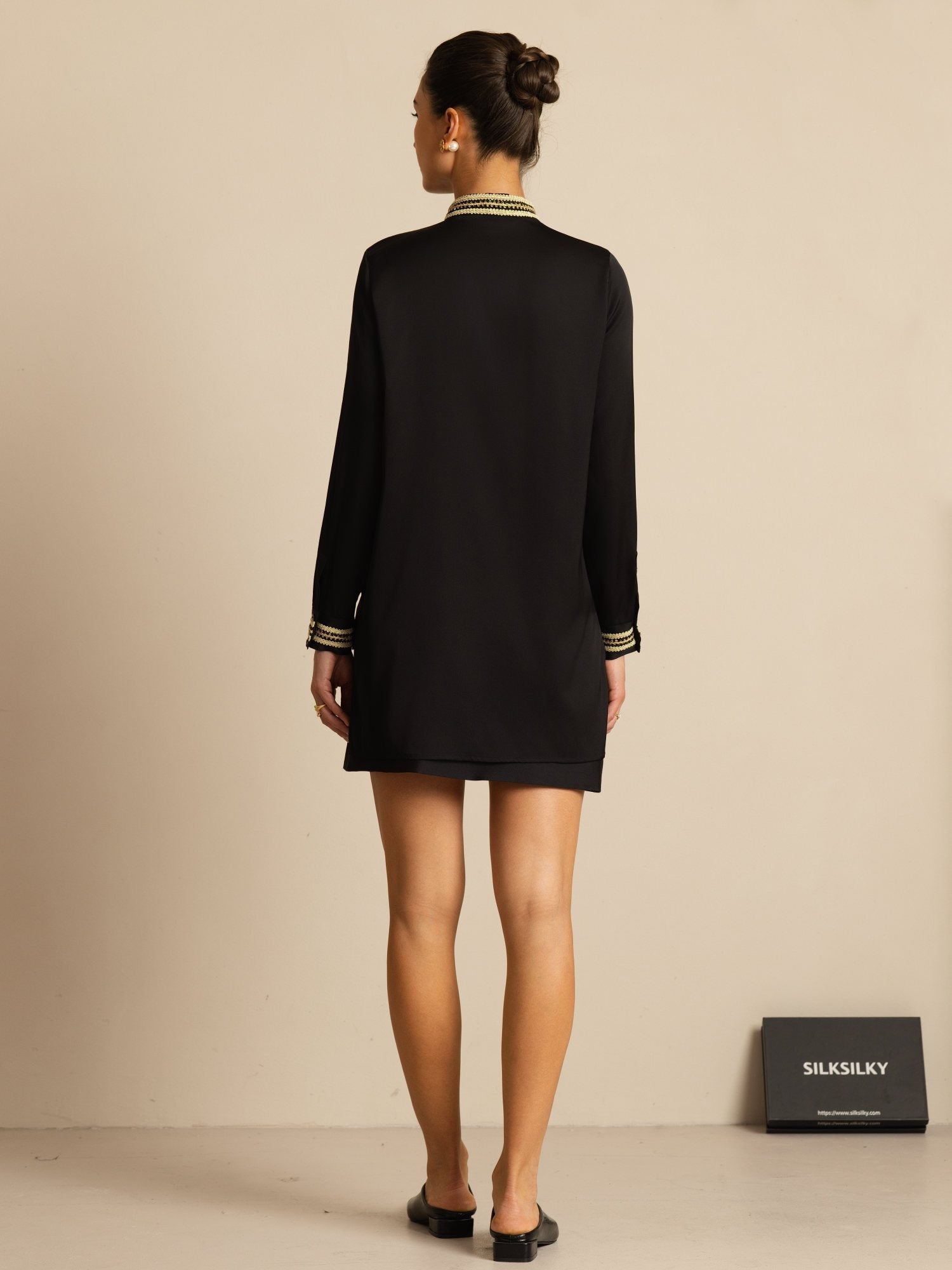 [Musta] SilkSilky-FI 19Momme Silkki Pitkähihainen Pystykaulus Pusero 007