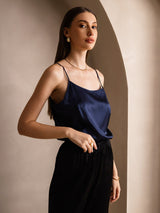 [Tummansininen] SilkSilky-FI 19Momme Spagettihihna Syvä Pyöreä Pääntie Camisole Top 003