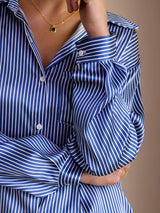 [Sininen Liituraita] SilkSilky-FI Long Sleeve Lapel Collar Naisten paita 006