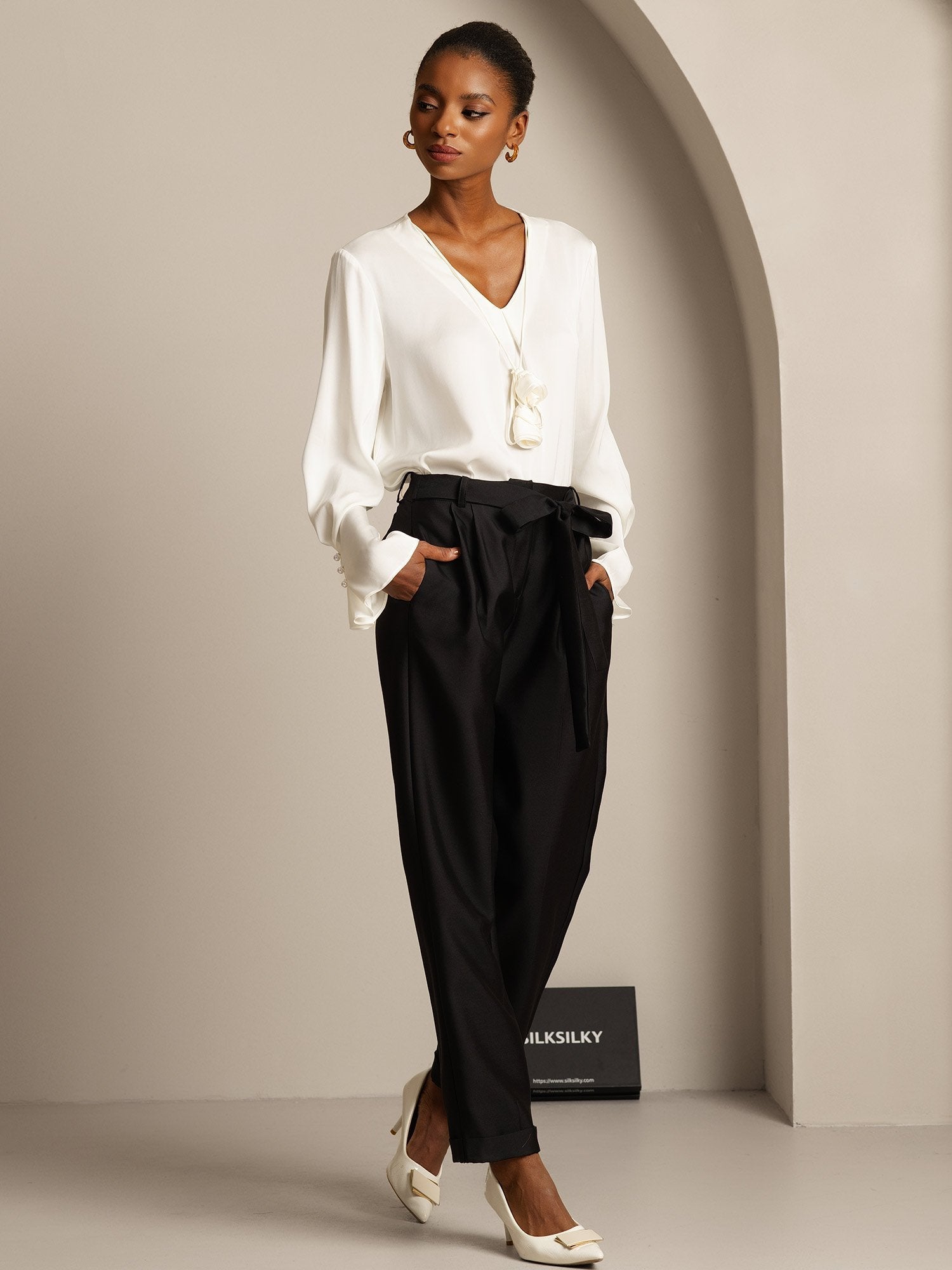 [Musta] SilkSilky-FI 32Momme Silk-Wool Blend Womens Pants 005,