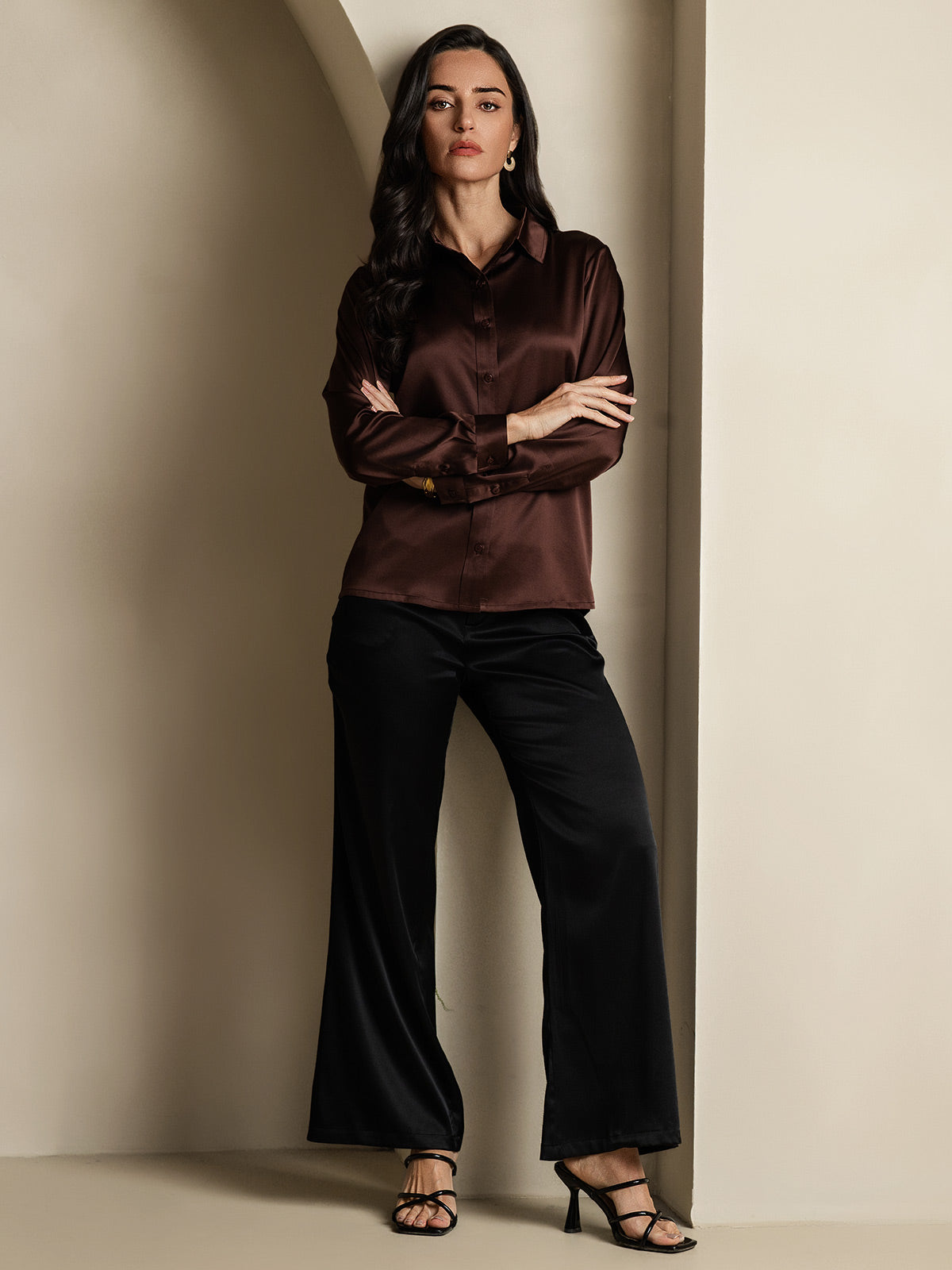 [Kahvi] SilkSilky-FI 19Momme Silk Long Sleeve Collar Naisten paita 007
