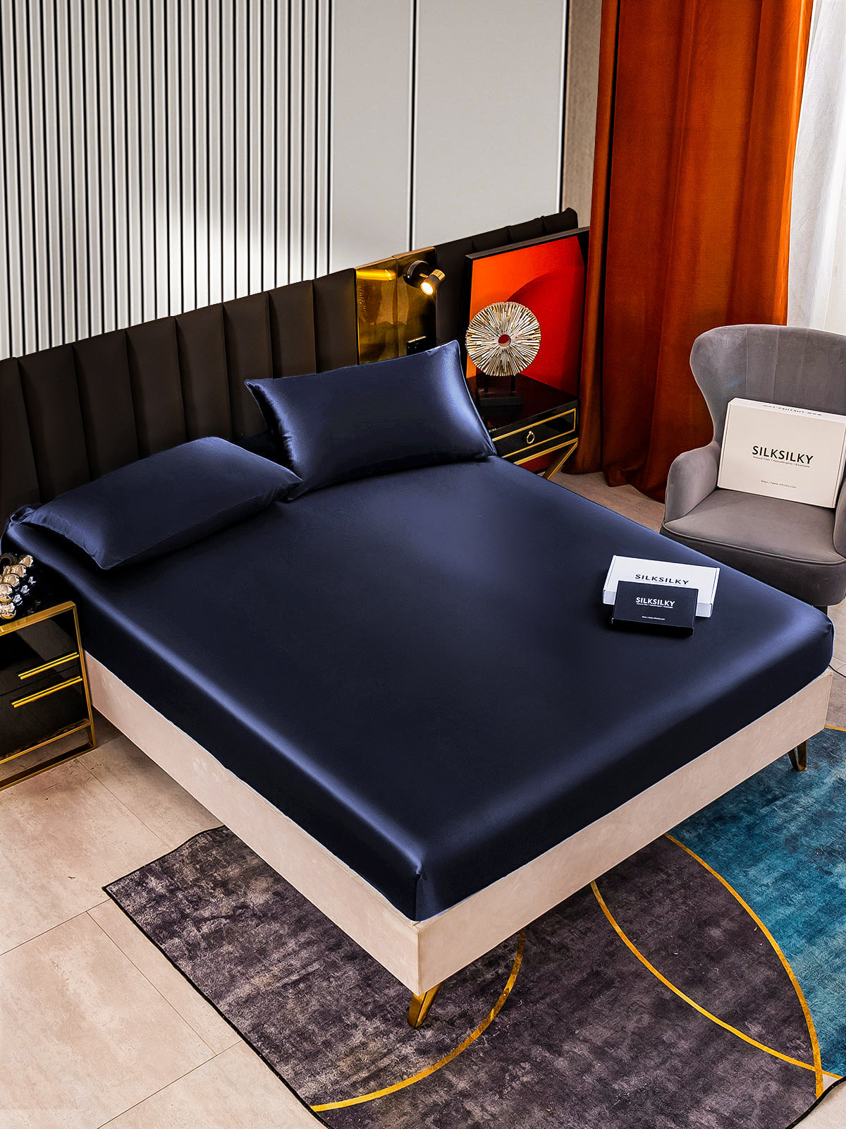 [Tummansininen] SilkSilky-FI 22Momme Bedding Set 002