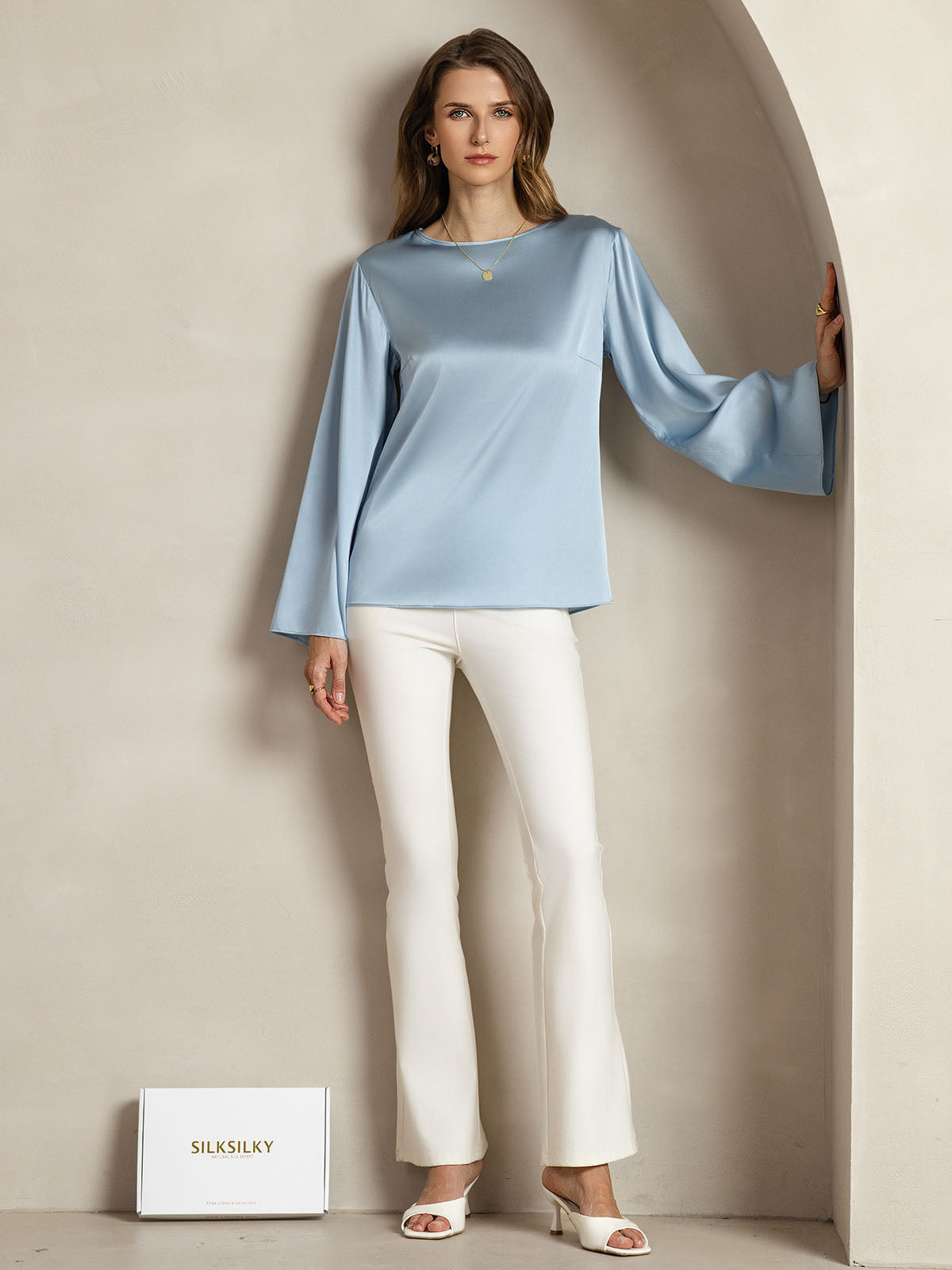 [Harmaansininen] SilkSilky-FI 19Momme Womens T-Shirt 003
