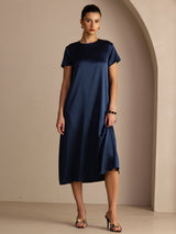 [Tummansininen] SilkSilky-FI Short Sleeve Round Neck Mekko 003