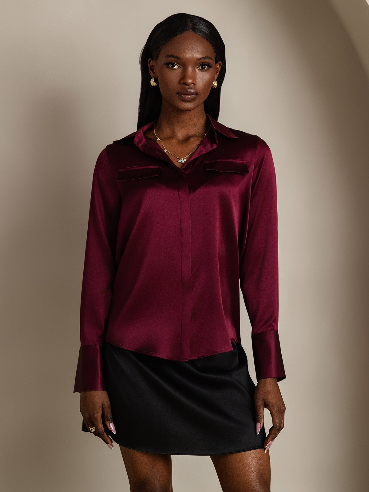 SilkSilky-FI 19Momme Womens Shirt Tummanpunainen 004