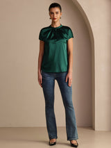 [Tummanvihreä] SilkSilky-FI Short Sleeve Blouse 005