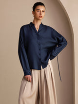 [Tummansininen] SilkSilky-FI Long Sleeve Blouse 003